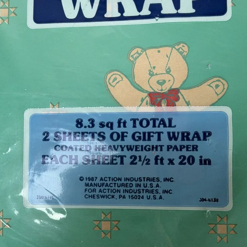 Vintage 1987 All Occasions Teddy Bear Green Wrap 2pk 2.5ft x 20in